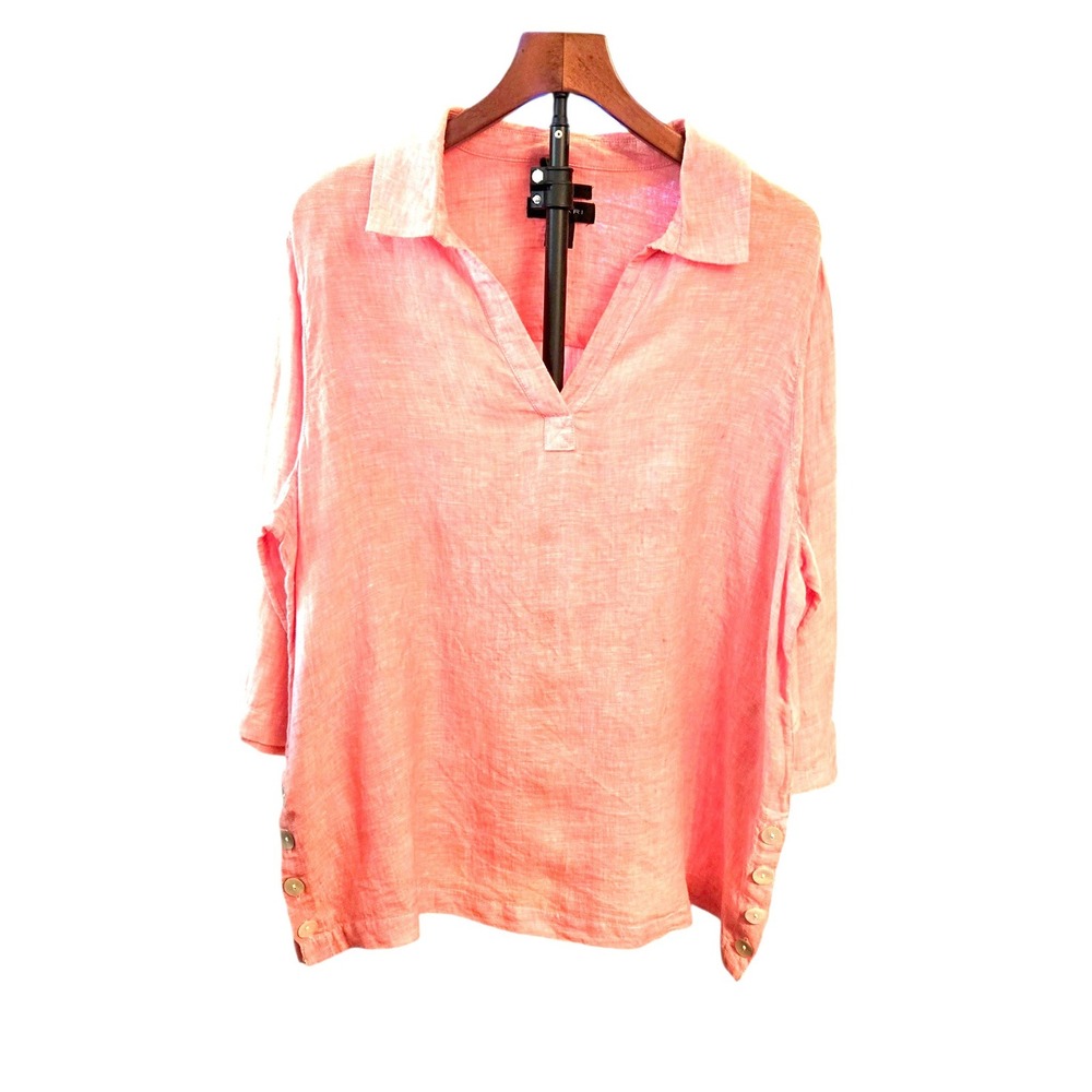 Tahari Linen Tunic Top Womens 1X Coral Pink 3/4 Sleeve Button Side Split Neck